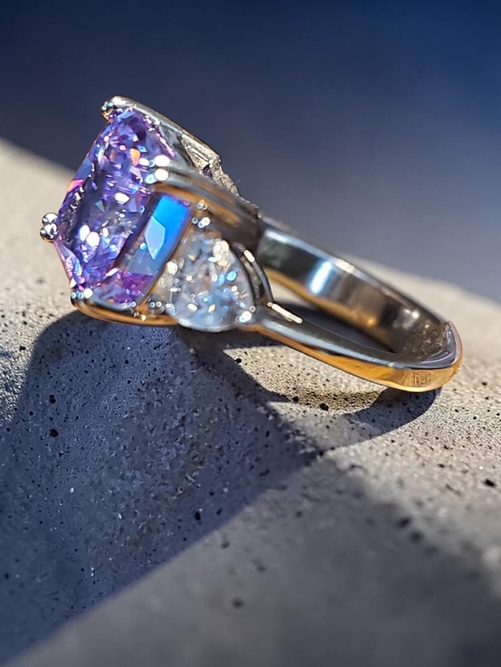 NWT Sassified  Boutique  Women’s Purple Cushion-Cut Ring with Clear Side Stones.